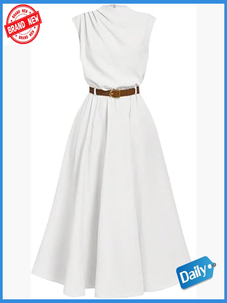 Mock Neck Ruched Belted Dress Button Back Flared Sleeveless A Line Long Dress